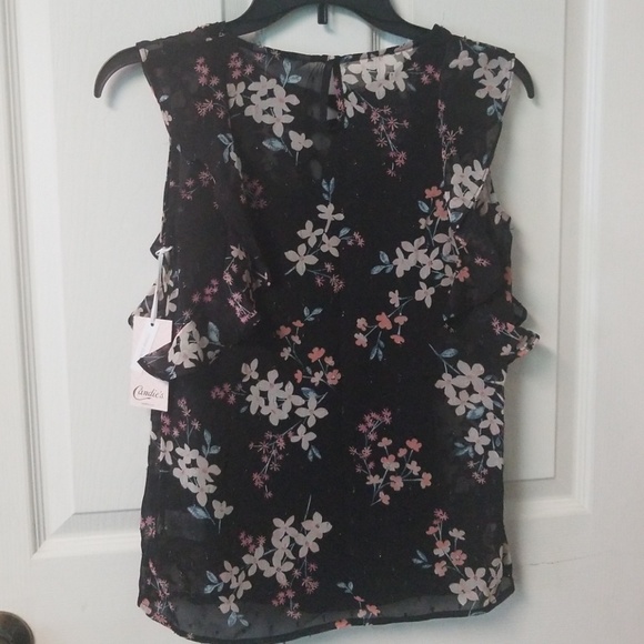 Candie's flutter sleeve floral top blouse tee shirt sheer black xsmall - Picture 4 of 7